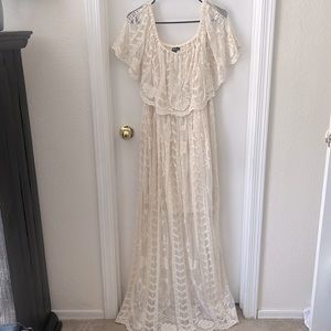 Cream off the shoulder maxi dress with lace embroidered overlay